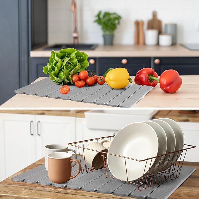 Nuanchu 2pack Large Stone Dish Drying Mat for Kitchen Counter, 23.6"(L)x15.4"(W), Collapsible Diatomaceous Earth Water Absorbing Mat for Dishes Bottles Cups, Match Any Countertop (Light Grey)