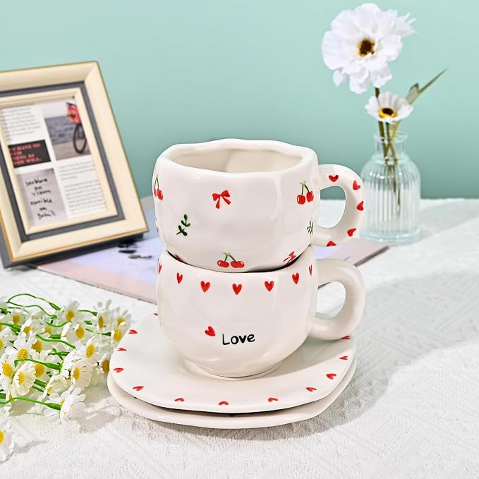 Koythin Ceramic Coffee Mug with Saucer Set, Cute Creative Cherry Bow Cup Unique Irregular Design for Office and Home, 10 oz/300 ml for Latte Tea Milk