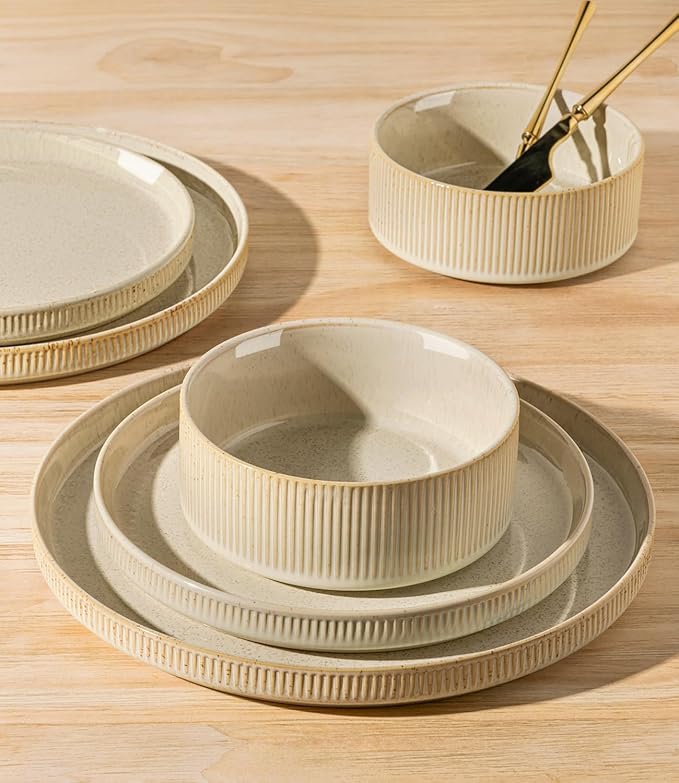 TheTerra Ceramic Dinnerware Sets for 8, 24 Pieces Porcelain Lightweight Plates and Bowls Sets, Scratch Resistant Dish Set, Oven & Microwave & Dishwasher Safe, Cappuccino