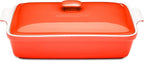 Stoneware Casserole Dish Bakeware Set with Lid, Covered Rectangular Dinnerware, Large 3.2 Quart, 11 by 9 Inch, Rosso [Red]
