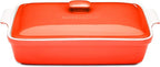 Stoneware Casserole Dish Bakeware Set with Lid, Covered Rectangular Dinnerware, Extra Large 4.23 Quart, 13 by 9 Inch, Rosso [Red]