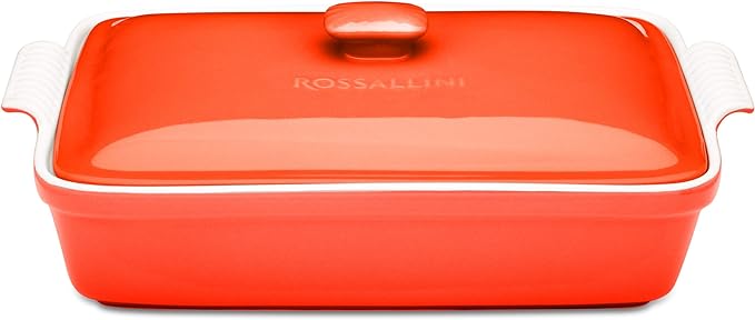 Stoneware Casserole Dish Bakeware Set with Lid, Covered Rectangular Dinnerware, Extra Large 4.23 Quart, 13 by 9 Inch, Rosso [Red]