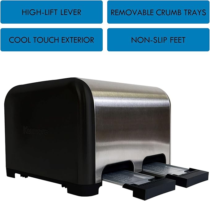 Kenmore toaster 4 slice - extra wide slot countertop kitchen appliance, defrost function, tostador de pan, 9 shade settings, compact design, easy clean crumb tray, bread bagel, stainless steel & black