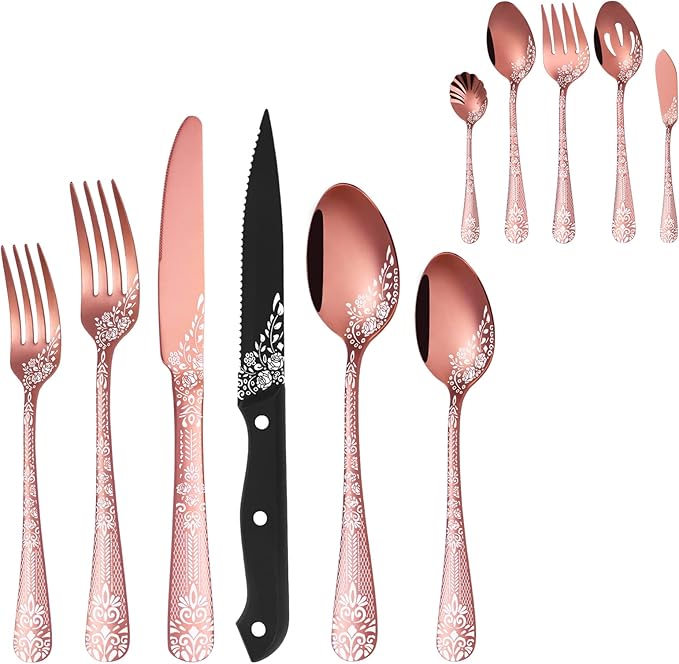 EUIRIO 53-Piece Rose Gold Silverware Set with Serving Utensils, Rose Gold Flatware Set for 8, Stainless Steel Mirror Cutlery Set, Spoons Forks Knives with Unique Floral Laser, Dishwasher Safe