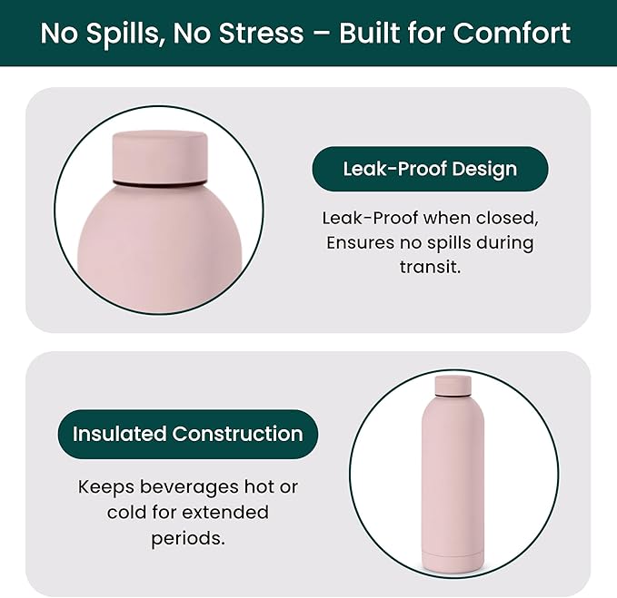 NOBL Stainless Steel Water Bottle,17 oz, 500 ml, Double Wall Vacuum Insulation, Sealed Bottle Keeps Drinks Cold 24 Hrs & Hot 12 Hrs, Leak Proof, Fits Noble Carry-On Cup Holder - Pink