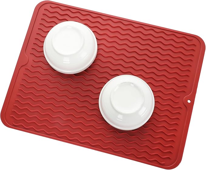 Silicone Dish Drying Mat for Multiple Usage,Easy clean,Eco-friendly,Heat-resistant Silicone Mat for Kitchen Counter or Sink,Refrigerator or drawer liner Red L 16 inches x 12 inches