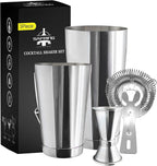 Boston Cocktail Shaker Bar Set, Weighted Boston Shaker Tins, Bartender Kit with 18oz & 28oz Mixed Drink Shaker, Hawthorne Strainer, Double Measuring Jigger - Silver
