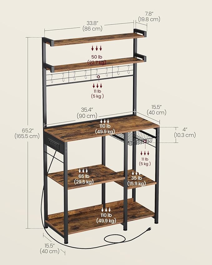 VASAGLE Bakers Rack with Power Outlet, 35.4 Inches Microwave Stand, Coffee Bar, 4 AC Outlets, with Adjustable Shelves, 8 S-Hooks, Basket, Spice Racks, Rustic Brown and Ink Black UKKS031K01