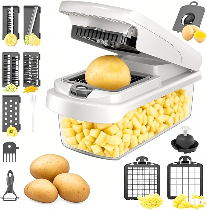 JAYVAR Vegetable Chopper for Mandoline Slicer, 15-In-1 Veggie Choppers, Cheese Grater, Onion Cutter with Container, Kitchen Gadgets Essentials, Vegetable Dicer, Onion Mincer Tomato Slicer (White)