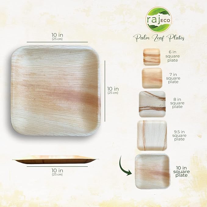 Raj Palm Leaf Plates [400-Pack] 10" Square Plates like Bamboo plates Disposable, Strong, Decorative Compostable Tableware for wedding, Lunch, Dinner, Birthday, Camping, Outdoor BBQ, Picnic…
