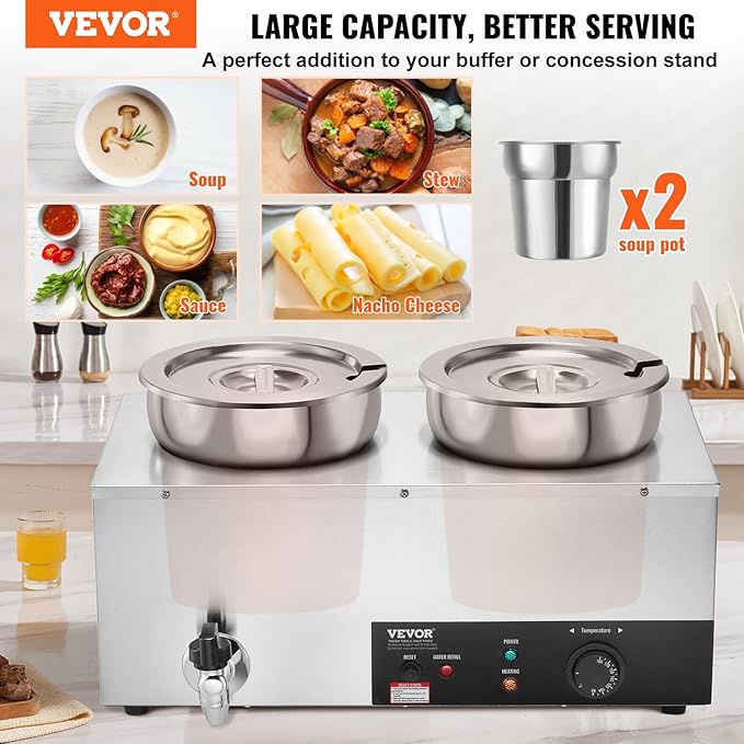 VEVOR Electric Soup Warmer, Dual 7.4QT Stainless Steel Round Pot 86~185°F Adjustable Temp, 1200W Commercial Bain Marie with Anti-Dry Burn and Reset Button, Soup Station for Restaurant, Buffet, Silver