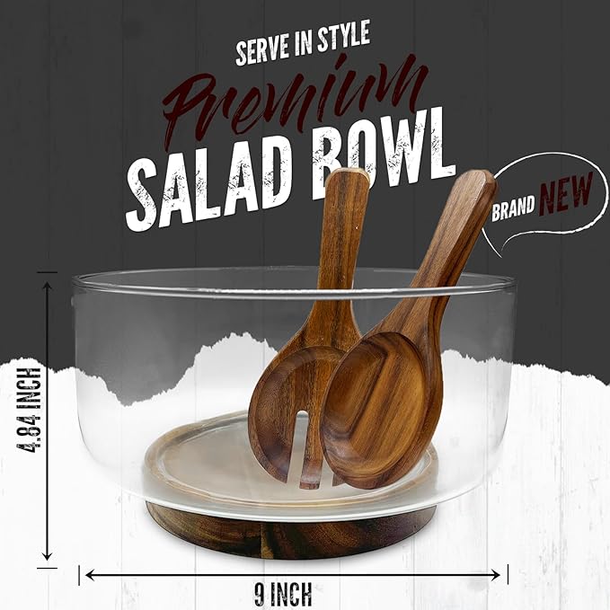 Premium Large Glass Salad Bowl Set with Acacia Wood Base and Serving Utensils - Ideal for Hosting Parties, Host Family Gatherings, and Everyday Use - Elegant, Durable, and Practical Kitchen Essential