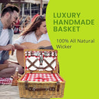 Nature Gear Picnic Basket, Wicker Basket with Handle for Outdoors, Insulated Woven Basket, Includes a Service Kit of Dinnerware & Wine Glasses, Picnic Basket Set for 4, Red & White