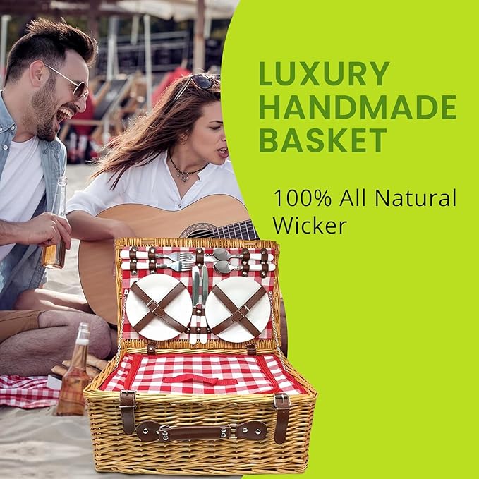 Nature Gear Picnic Basket, Wicker Basket with Handle for Outdoors, Insulated Woven Basket, Includes a Service Kit of Dinnerware & Wine Glasses, Picnic Basket Set for 4, Red & White