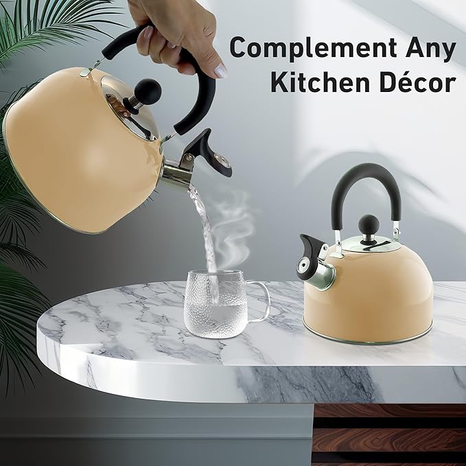 Lily's Home 2 Quart Stainless Steel Whistling Tea Kettle, the Perfect Stovetop Tea and Water Boilers for Your Home, Dorm, Condo or Apartment. (Pastel Cream)