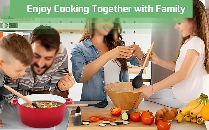 TeamFar Silicone Cooking Utensils Set of 6, Kitchen Utensils with Wooden Handles, Slotted Turner, Soup Ladle, Spoon for Non-stick Cookware, Heat-Proof, Non-Scratch, Black