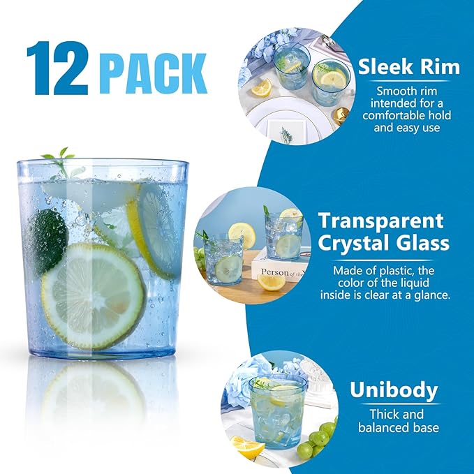 Liacere Plastic Drinking Glasses (Set of 12) 14 oz Blue Reusable Plastic Glasses Colors，Kitchen Water Glasses Cup, Bar Tumbler Glassware Set for Beer, Juice, Cocktail, Whiskey, Milk