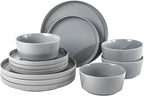Gibson Home Dempsey Road 12-Piece Stoneware Dinnerware Set – Service for 4, Round Grey Plates and Bowls, Durable Solid Color Modern Embossed Dish Set, Microwave & Dishwasher Safe