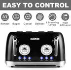 CUSIMAX Retro 4-Slice Toaster with Wide Slots, Stainless Steel, 6 Toast Settings, Bagel, Cancel, Defrost & Reheat Functions, Dual Independent Control Panels, Black