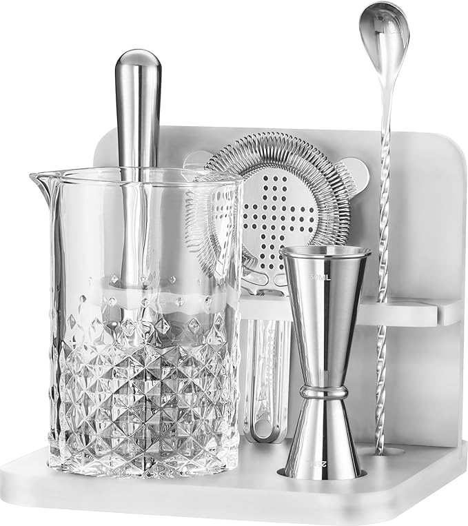 Crystal Cocktail Mixing Glass Set with Bamboo Stand - 22 Oz 650ml - Thick and Sturdy Bottom, Durable and Seamless Design with Bar Accessories