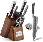 Sunnecko Damascus Kitchen Knife Set - Sharp Kitchen Knife Set of 7pcs with Japanese Damascus Steel VG10 - Professional Kitchen Knife Block Set with Full-tang Stainless Steel Handle