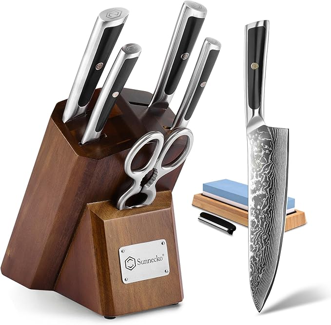 Sunnecko Damascus Kitchen Knife Set - Sharp Kitchen Knife Set of 7pcs with Japanese Damascus Steel VG10 - Professional Kitchen Knife Block Set with Full-tang Stainless Steel Handle
