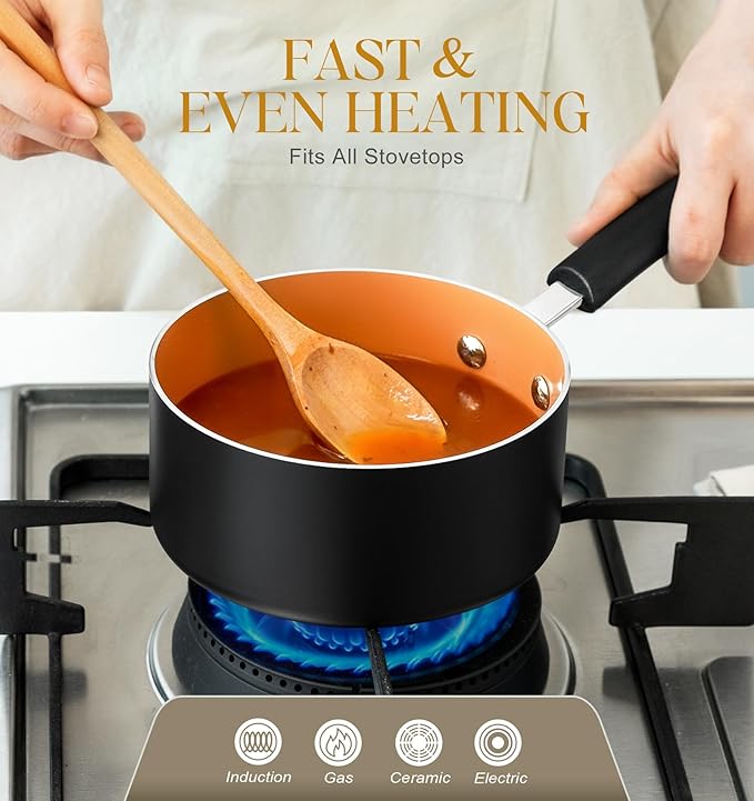 MICHELANGELO Ceramic Saucepan Set 1.5QT & 2QT & 3QT Nonstick Sauce Pans, PFAS-FREE Saucepan with Lid, Copper Saucepans Set of 3, Multipurpose Small Sauce Pot, Non Stick Sauce Pots, Dishwasher Safe