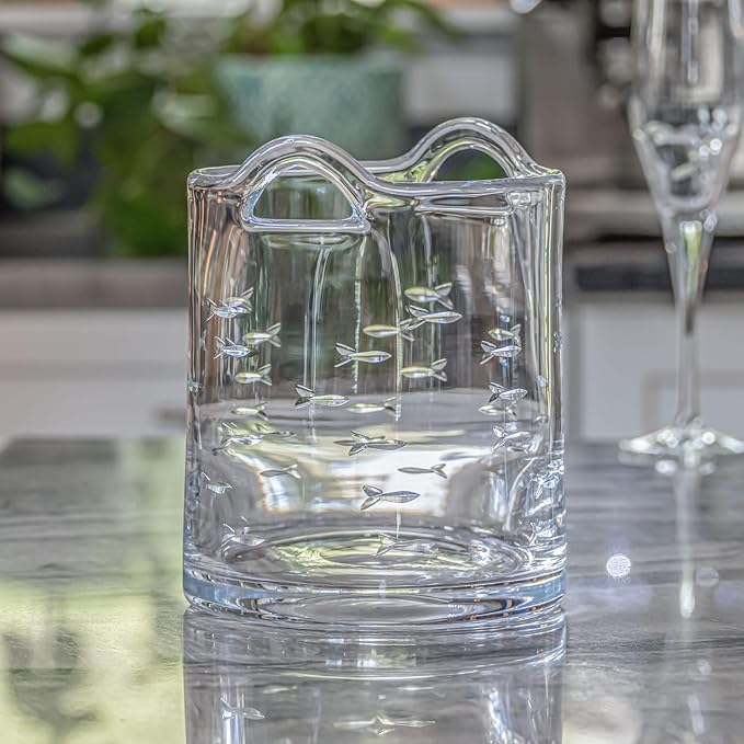 Rolf Glass School of Fish Ice Bucket | Glass Champagne Ice Bucket | Lead-Free and Diamond-Wheel Engraved | Designed and Engraved in the USA | Nautical and Coastal