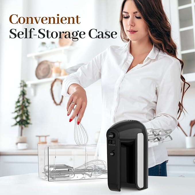 5-Speed Electric Hand Mixer, 800W Handheld Mixer with Turbo for Baking & Cooking, Kitchen Food Mixer with Storage Case & 6 Stainless Steel Attachments (2 Beaters, 2 Dough Hooks, 2 Whisks)-Black