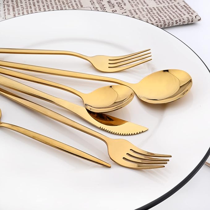 Gold 36-Pieces Silverware Flatware Mirror Polished Dinnerware, 18/0 Stainless Steel Cutlery Set For Home Kitchen Party Hotel Restaurant Wedding Service for 6