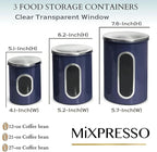 Mixpresso 3-Piece Blue Canisters Sets For The Kitchen, Airtight Canister Set With See Through Window, Storage Jars for Coffee Container, Tea Organizer & Sugar Canister, Blue Kitchen Canisters