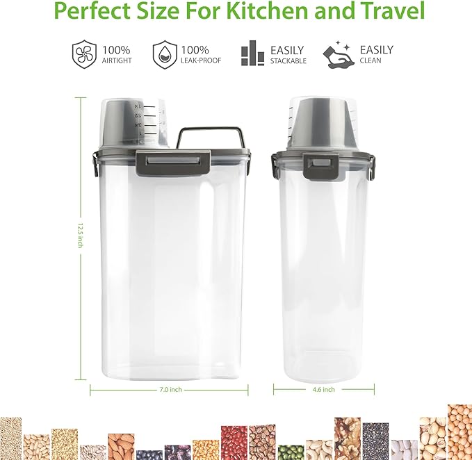 Rice Airtight Storage Container, 3 to 5Lbs Cereal Dry Food Flour Bin, Pet Dog Cat Food Dispenser with Measuring Cup, BPA Free Clear Plastic Kitchen and Pantry Organization Bin for Sugar