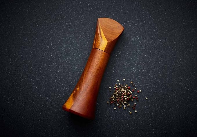 nambe Gourmet Collection Contour Pepper Mill | 9.5-Inch | Made with Acacia Wood and Ceramic Mechanism | Refillable Salt Mill Shakers | Designed by Lou Henry