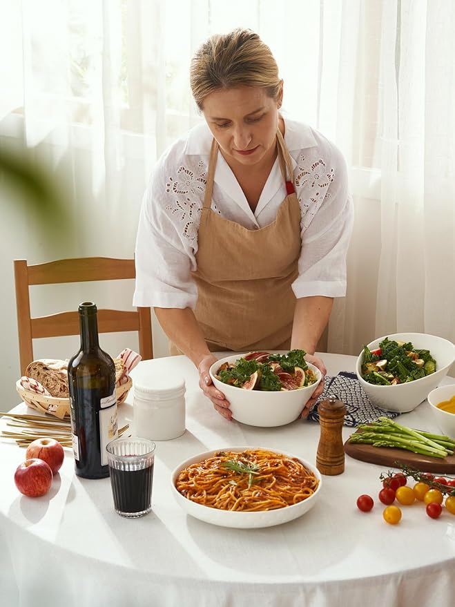 DOWAN 58.5 OZ Large Ceramic Salad Bowls Set of 4 - Microwave & Dishwasher Safe, Ideal for Salad, Fruit, Pasta, Snacks, Oatmeal - Soup Bowls Set for Restaurant, Party, Daily Use, Wedding, Soft White