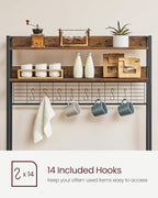 VASAGLE Hutch Bakers Rack with Power Outlet, 14 Hooks Microwave Stand, Adjustable Coffee Bar with Metal Wire Panel, Kitchen Storage Shelf, 15.7 x 39.4 x 66.9 Inches, Rustic Brown and Black UKKS038B01