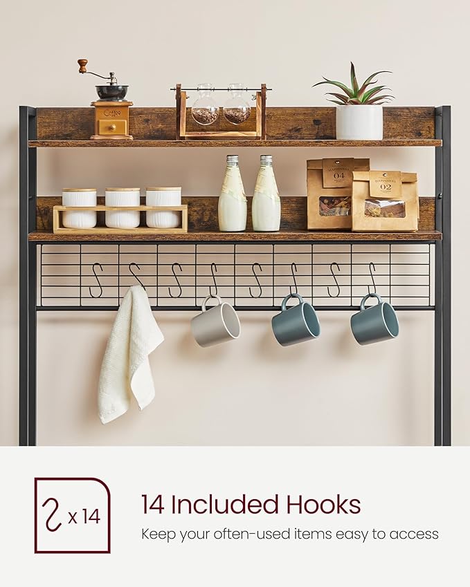 VASAGLE Hutch Bakers Rack with Power Outlet, 14 Hooks Microwave Stand, Adjustable Coffee Bar with Metal Wire Panel, Kitchen Storage Shelf, 15.7 x 39.4 x 66.9 Inches, Rustic Brown and Black UKKS038B01
