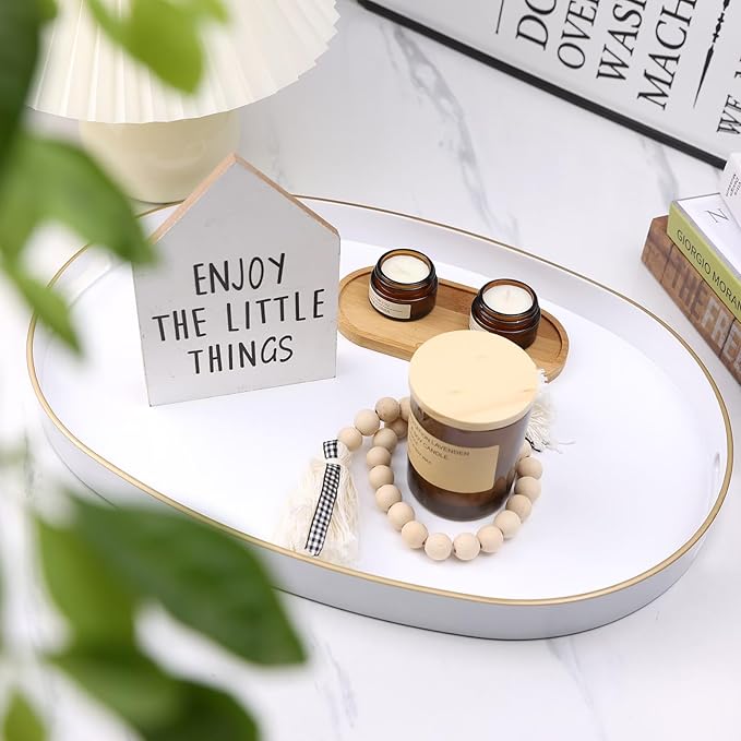 White Oval Decorative Tray with Handles, Set of 2 Versatile Nesting Trays for Patio Table, Ottoman, Ideal for Serving, Displaying, Organizing