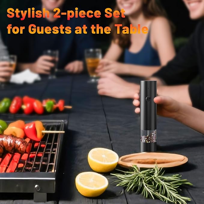 Electric Salt and Pepper Grinder Set, Mini Rechargeable Automatic Salt Pepper Shakers Mills, Adjustable Coarseness Easy Filling with Base&Cover, for Kitchen Outdoors Gift- 2 Packs, Black