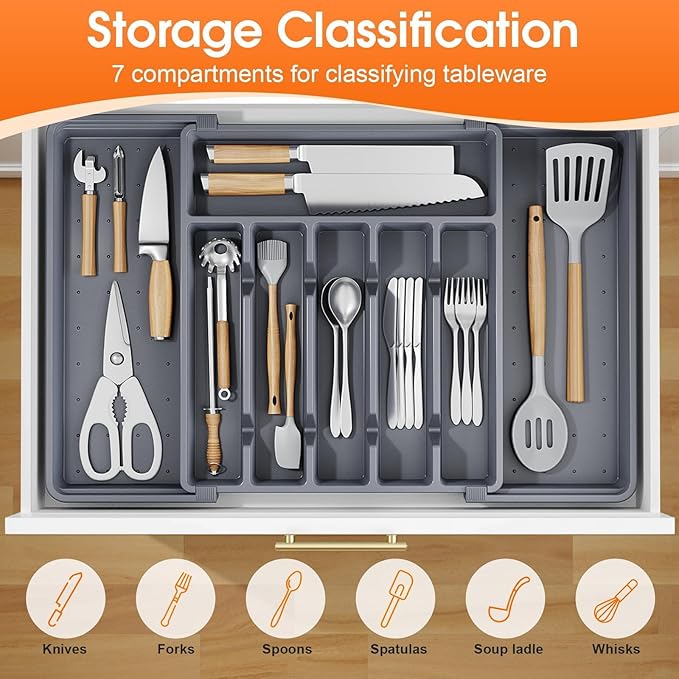Silverware Organizer，Adjustable & Expandable Utensil Drawer Organizer, BPA Free Utensil Holder, Cutlery Tray for Forks, Spoons, Knives in Kitchen, Large, Grey