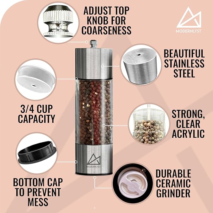Salt and Pepper Grinder Set Manual 2 Pack | Large Round Salt and Pepper Shakers Set | 7.5 inch Stainless Steel Salt Grinder Refillable | Manual Pepper Grinder (Stainless Steel)