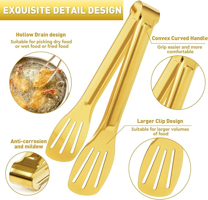 JCREN Serving Tongs - 6 Pack Stainless Steel Buffet Tongs, Gold, 7 Inch