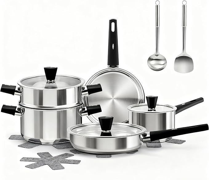 Stainless Steel Cookware Set, 14-Piece Pots and Pans Set, Kitchen Cookware Set with Stay-Cool Handle, Non-Toxic, Dishwasher Safe & Compatible with All Stovetops (Gas, Electric & Induction)