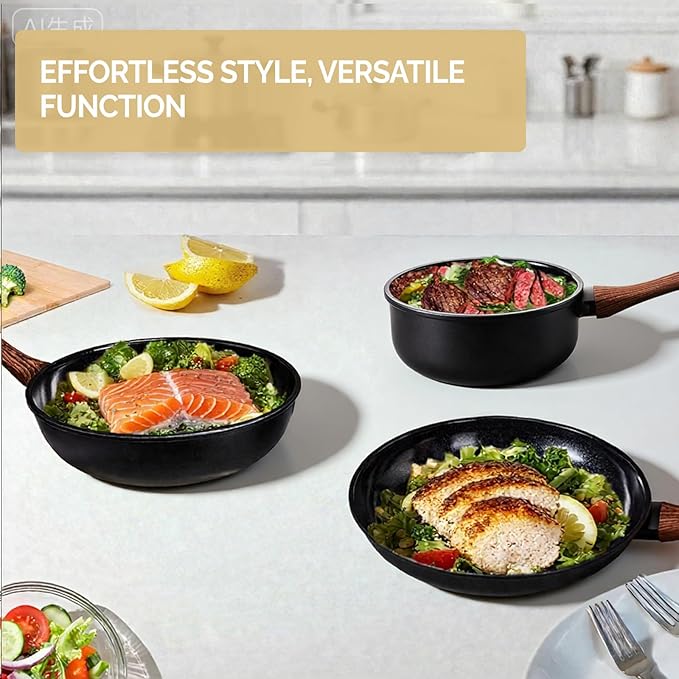 ROVSUN 17 Pcs Nonstick Pots and Pans Set, Cast Aluminum Kitchen Cookware Set, RV Kitchen Cooking Set and Utensils, PFAS PFOA & PFOS Free, Black, Skillet, Saute Pan, Soup Pot