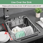 Large Sink Dish Drying Rack, Expandable 304 Stainless Steel Metal Dish Drainer Rack Organizer Shelves with Stainless Steel Utensil Holder Over Inside Sink, Rustproof