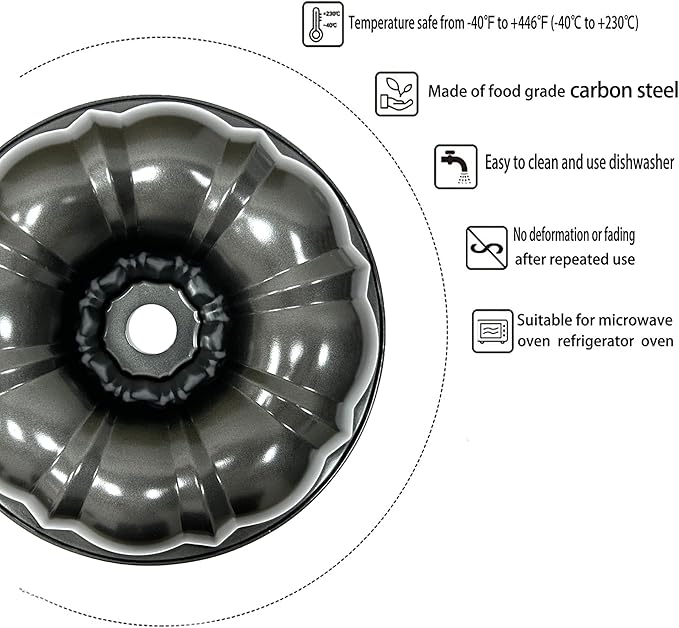 Classic Bakeware 9.5 Inch Non-stick Fluted Cake Pan,Heavy Duty Carbon Steel Tube Baking Mold Gray