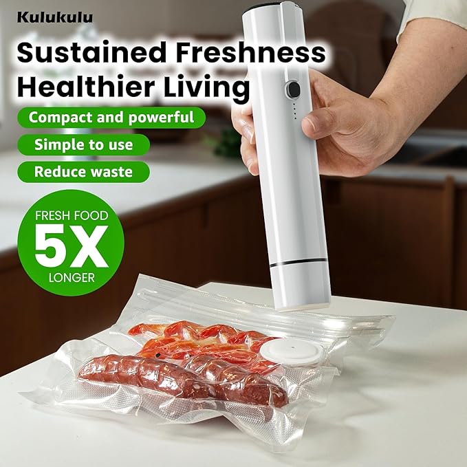 [2025 New Version] Kulukulu Vacuum Sealer Set, Portable Vacuum Sealer Machine for Food Storage and Sous Vide + 16 Reusable Vacuum Seal Bags(8 Medium Size + 8 Big Size)