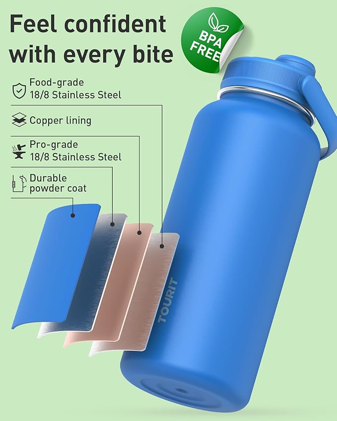 TOURIT 40 oz Insulated Water Bottle, Stainless Steel Sports Water Bottles With Top Handle, Double-Wall Travel Thermal Water Flask, BPA Free Leakproof Water Bottle for Sports and Travel, Black