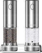 Electric Salt and Pepper Grinder Set, Rechargeable with LED Lights, Stainless Steel Automatic Pepper & Salt Mill, Adjustable Coarseness, Large Capacity, Silver