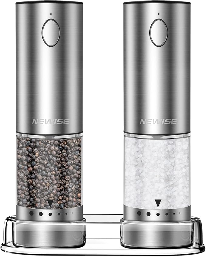 Electric Salt and Pepper Grinder Set, Rechargeable with LED Lights, Stainless Steel Automatic Pepper & Salt Mill, Adjustable Coarseness, Large Capacity, Silver