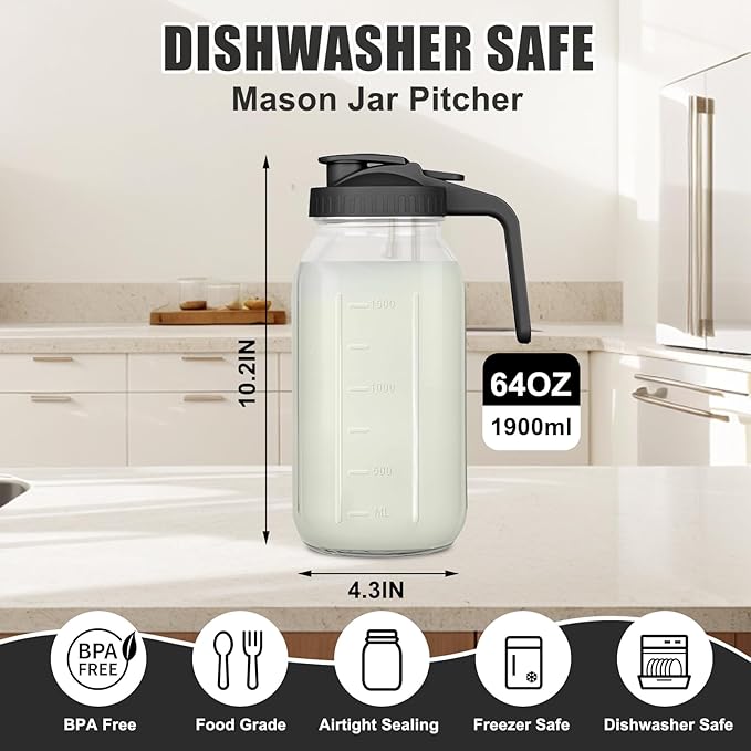 64 oz Glass Pitcher with Lid - 2 Quart Mason Jar Pitcher with Lid, Wide Mouth Airtight & Leakproof Glass Jar for Iced Tea, Juice, Breastmilk, Cold Brew, Sun Tea and Drinks
